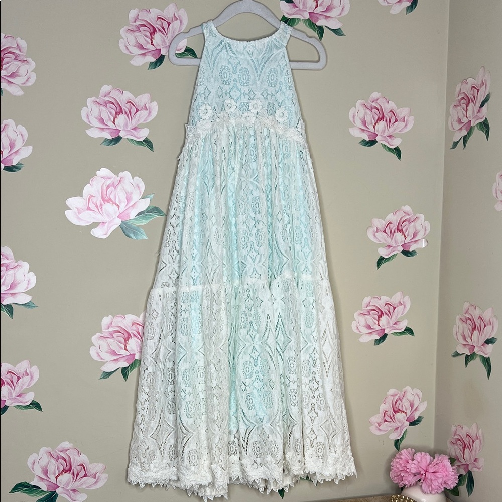 Ava & Yelly Elegant Lace Maxi Dress in Blue and White. Y-19